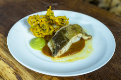 James Martin Roasted Cod with Curry Sauce, Mushy Peas and Potato and Pea Bhaji on James Martin&# ...