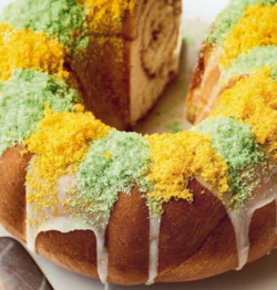 Nadiya Hussain King cake with praline filling and green and yellow gel topping on Nadiya bakes
