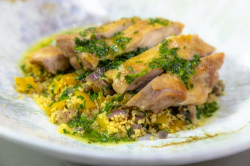 Matt Gillan Crispy Chicken Leg with Spiced Vegetable Couscous on James Martin’s Saturday M ...