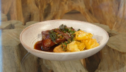 Matt Tebbutt’s liver with roasted onion puree and confit potato chips on Saturday Kitchen