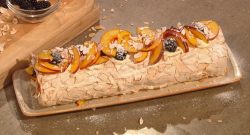 Yotam Ottolenghi rolled pavlova with cream,  peaches,  blackberries and almonds on Saturday Kitchen
