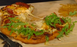 Matt Tebbutt pizza with ricotta,  caramelised onions, smoked mozzarella, salami and pickled chil ...