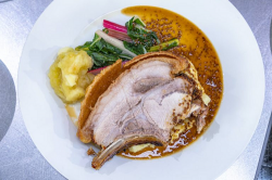 James Martin slow cooked rolled pork loin  with apple sauce, cider and mustard sauce, Swiss char ...