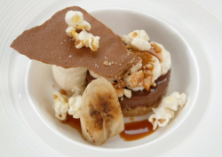 Dave’s chocolate cremeux with caramelized bananas, peanut brittle and a bitter caramel sau ...