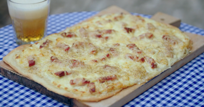 Rick Stein tarte flambee with bacon  and emmental cheese on Saturday Kitchen
