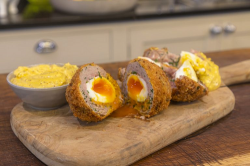 James Martin Scotch eggs with sausage meat,  panko breadcrumbs and mustard mayo on James Martin& ...