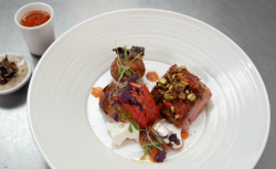 Dave’s spiced cannon of lamb with aubergine puree, cucumber, apricot, fritters, yoghurt an ...