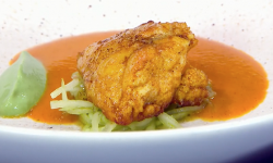 Sat Bains veal sweetbread with Tandoori spices, curry sauce, coriander yoghurt and a cucumber an ...