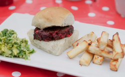 Sam and Shauna’s beetroot and paneer burgers with creole seasoning, cassava chips and a ma ...