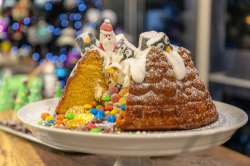 James Martin Christmas Bundt Cake with  vanilla bean paste, sweets white icing and Marshmallow p ...