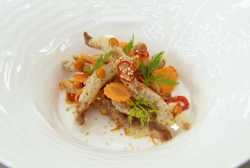 Andrew Wong crispy chilli beef with a light caramel and pickled carrots on Masterchef The Profes ...