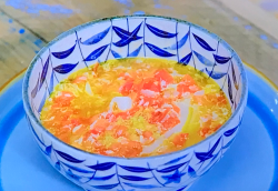 Larkin’s tomato egg drop soup with noodles on Chef vs Corner Shop