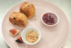Dev Griffin pheasant sausage roll with cranberry chutney and a mustard and chilli dip on Celebri ...