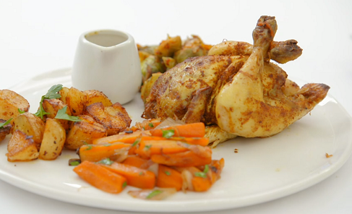Amar Latif tandoori poussin with chilli roast potatoes, pickled sprouts, carrots and his mumR ...