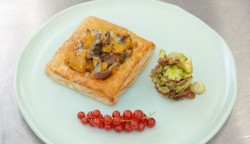 Vicky Pattison winter squash with mushroom puff pastry tart topped with Parmesan served with Bru ...