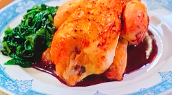 Rachael Khoo’s roast poussin (spring chicken) with stuffing,  buttered spinach and a red w ...