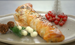 Christopher Biggin filo pastry Stilton, fig and smoky bacon strudel with a dressed green salad o ...