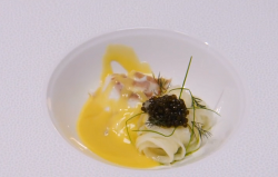Niall’s fit for kings and Queens fish course with turbot, caviar and kohlrabi noodles on t ...