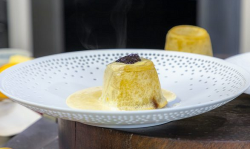 James Martin apple Charlotte with black butter and a  vanilla and orange custard on James Martin ...