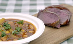 Sam and Shauna’s Kentucky style burgoo stew with smoked venison wrapped in bacon on Saturd ...