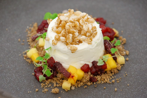 Louisa’s set lime and yoghurt mousse with mango, yuzu and pineapple dessert on Masterchef  ...