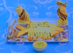 Zack’s Mr Fish bread showstopper with herbs, pasta, pesto and hummus on Junior Bake Off 2021