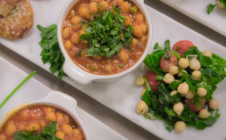 Ed Balls smoky chickpea chilli with chickpea  fritters and chickpea salad with lemon and herbs o ...