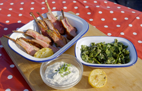 Sam and Shauna’s grilled kid goat chops with wilted greens and a Welsh blue cheese and yog ...