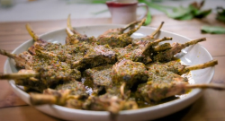 Ed Balls herby lamb cutlets with chargrilled broccoli and asparagus on Celebrity Best Home cook  ...