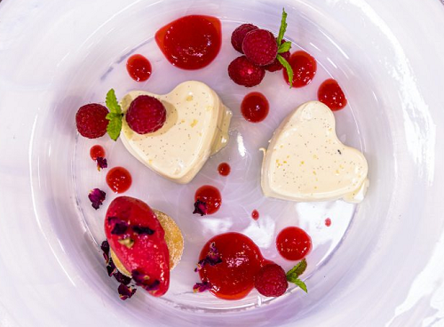 James Martin heart shaped raspberry panna cotta with raspberry  sorbet and mint on James Martin& ...