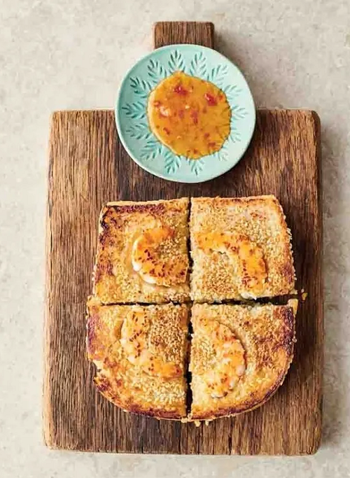 Jamie Oliver Prawn toast toastie with ginger, sesame seeds  and a sweet chilli sauce on Jamie: K ...