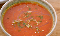 Raymond Blanc tomato soup with heritage tomatoes and extra olive oil on Simply Raymond Blanc