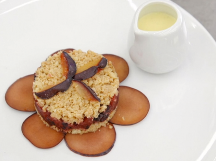 Laura’s double layer apple and mix berry crumble with plums and vanilla custard on Masterc ...