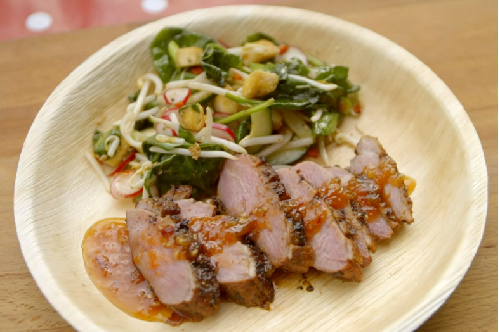Sam and Shauna’s cured duck with apricot and ginger sauce and a crispy tofu salad on Satur ...