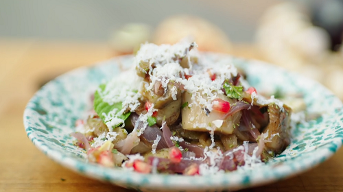 Smoky aubergine with oregano, onions, pomegranate and ricotta cheese  on A Taste of Italy with N ...