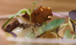 Growing Underground starter with Jerusalem artichoke, stout reduction and a cheese puree by Oli  ...