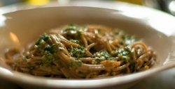 Nigella Lawson Spelt Spaghetti with olives on Saturday Kitchen